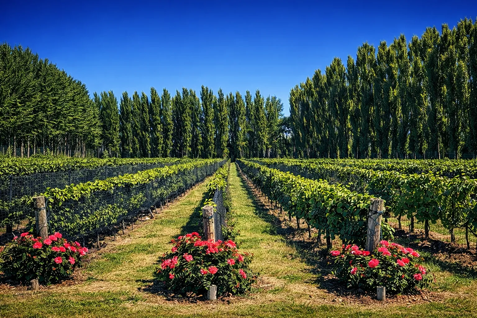Hileras de viñedo con álamos de fondo, cortinas rompeviento en Patagonia
