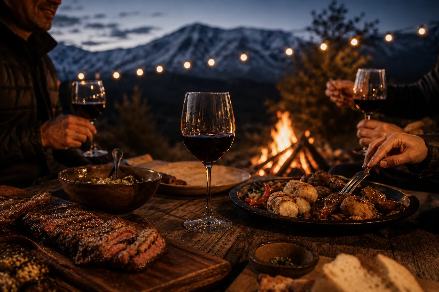People sharing an Argentine asado and Patagonian wine beside an outdoor fire with mountain views