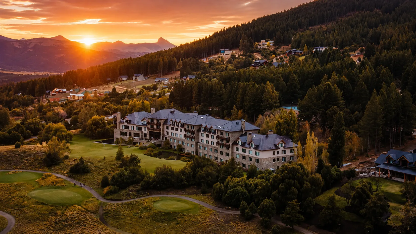 Mountain lodge surrounded by native forest at sunset in San Martín de los Andes, Patagonia Argentina