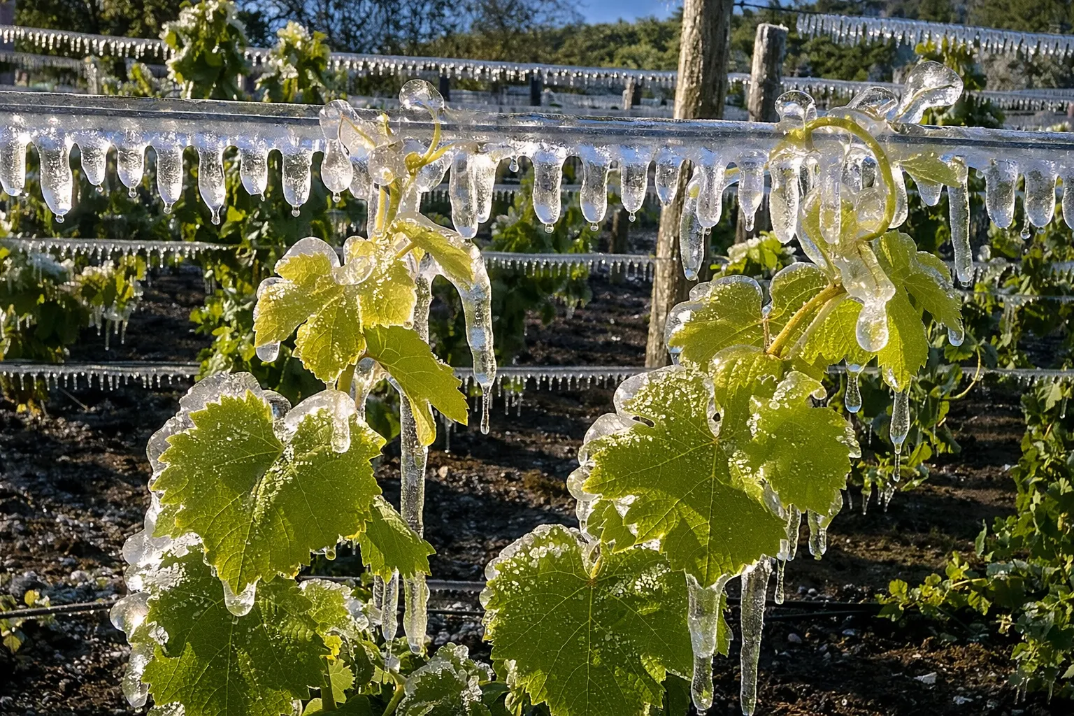 Uvas cubiertas de hielo en Trevelin, Chubut, durante una noche de control de heladas