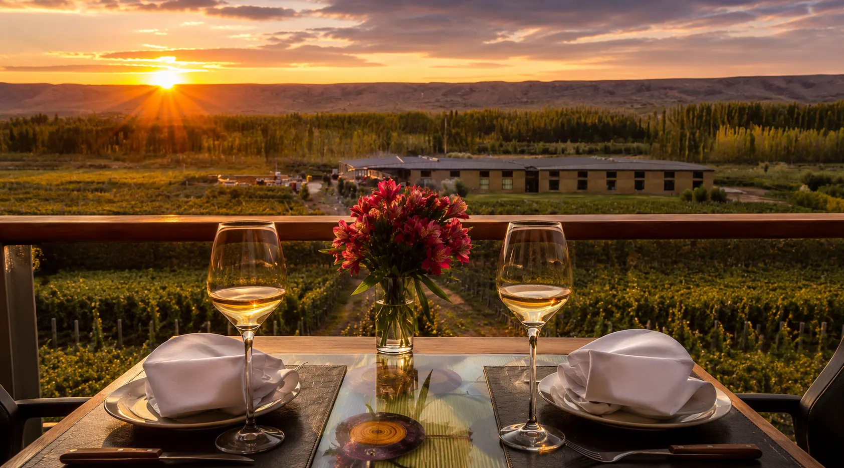 Restaurant terrace overlooking Patagonian vineyards at sunset