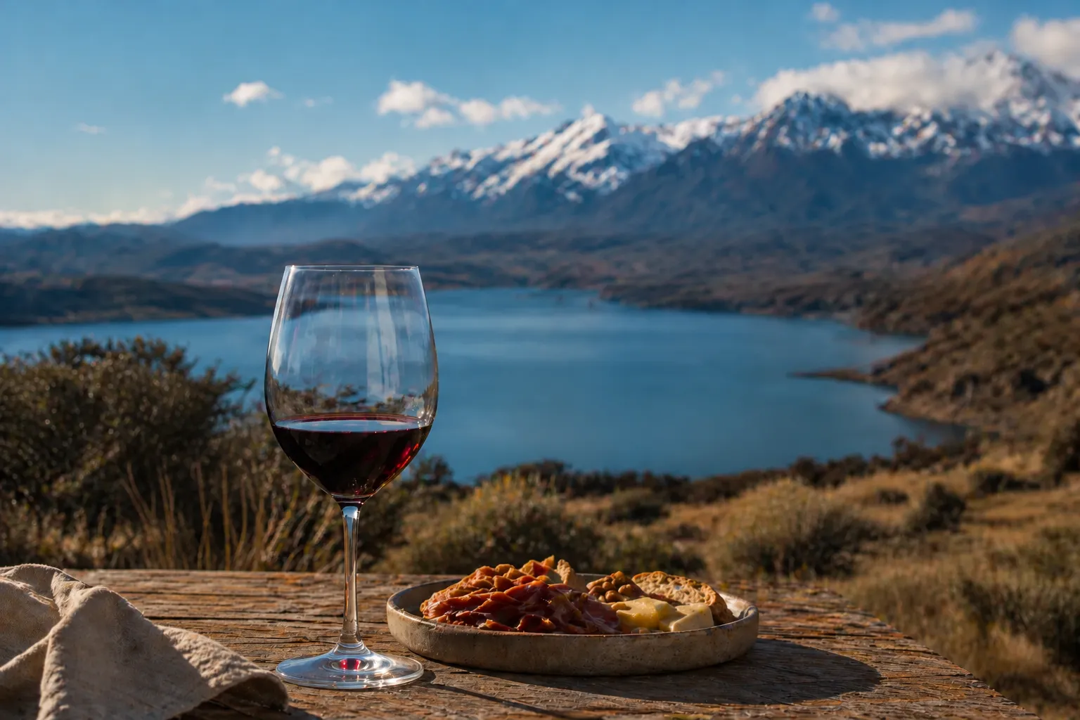 Glass of Patagonian wine overlooking a mountain landscape in Argentina