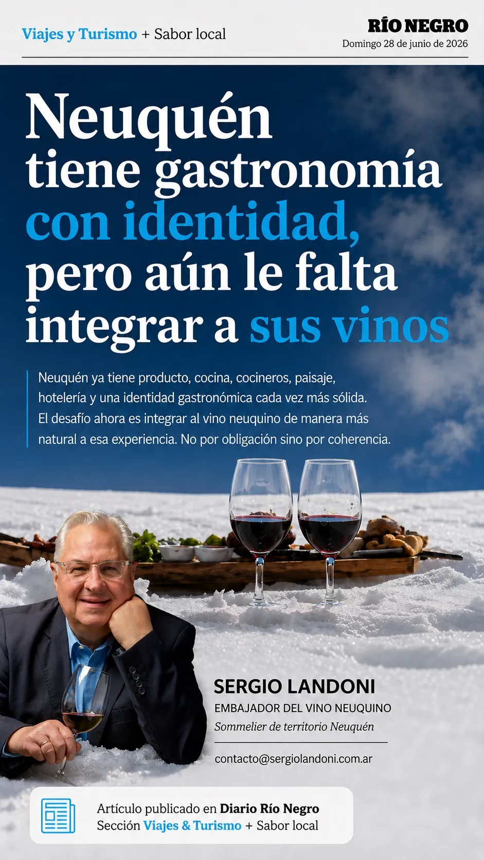 Artículo de Sergio Landoni en Diario Río Negro sobre gastronomía de Neuquén e integración de los vinos neuquinos