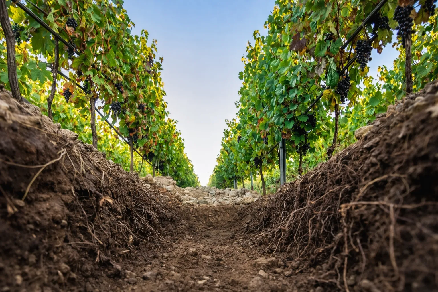 Perfil del suelo en viñedo patagónico con raíces profundas de la vid