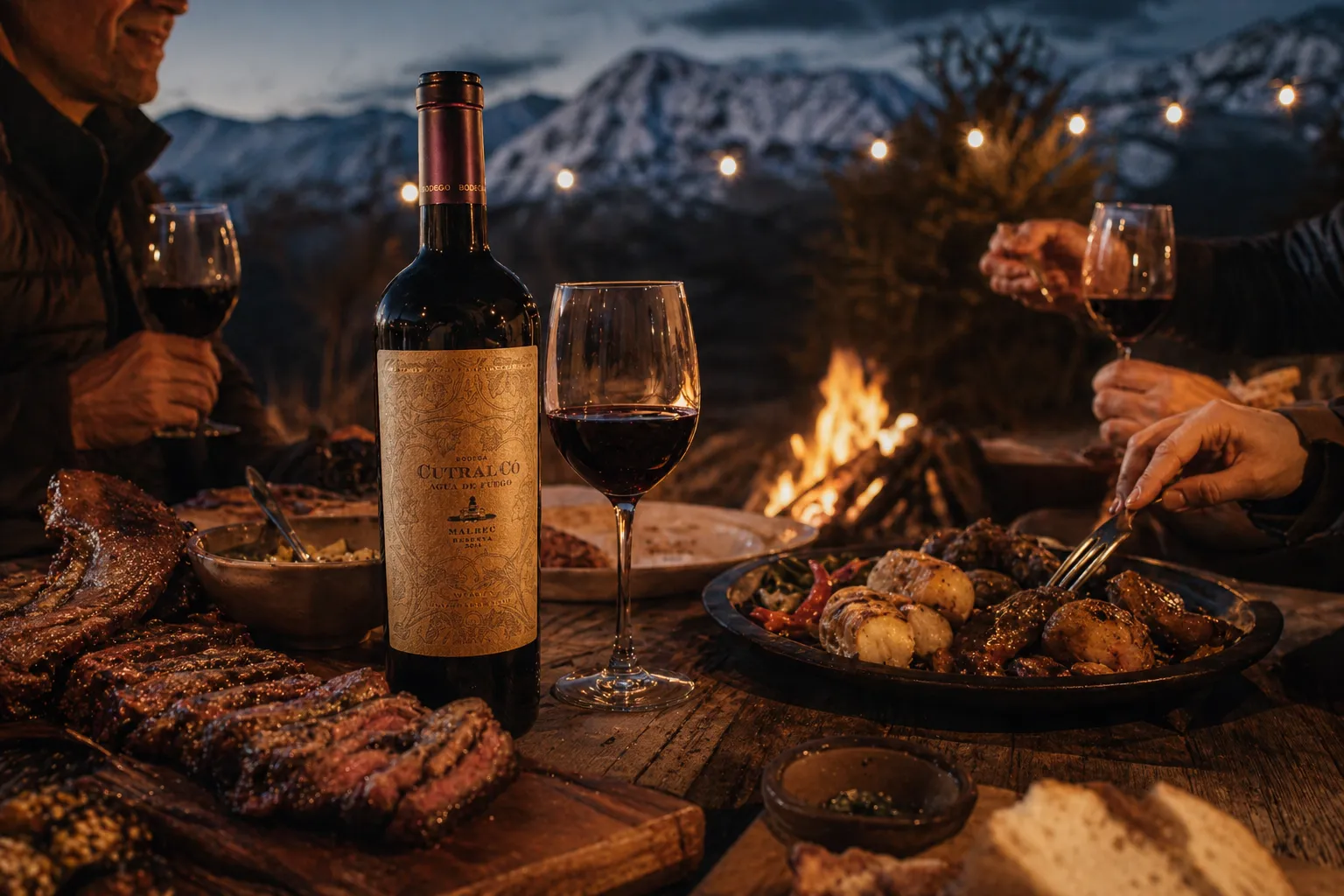 Vino neuquino compartido en mesa con gastronomía regional y fuego en la Patagonia
