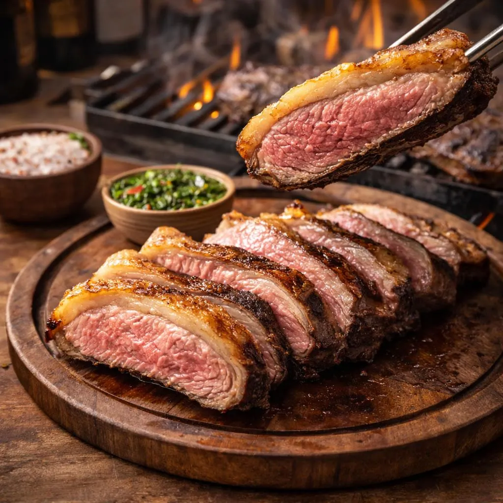 Fatias de carne grelhada em churrasco brasileiro.