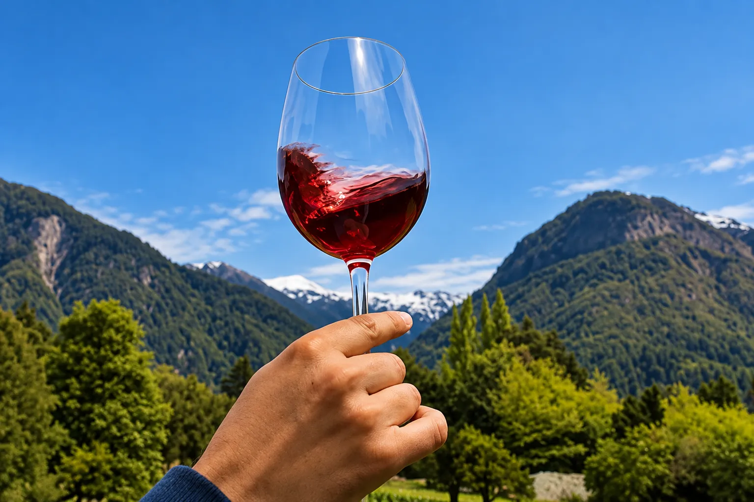 Uma taça de vinho diante da paisagem da Cordilheira dos Andes.